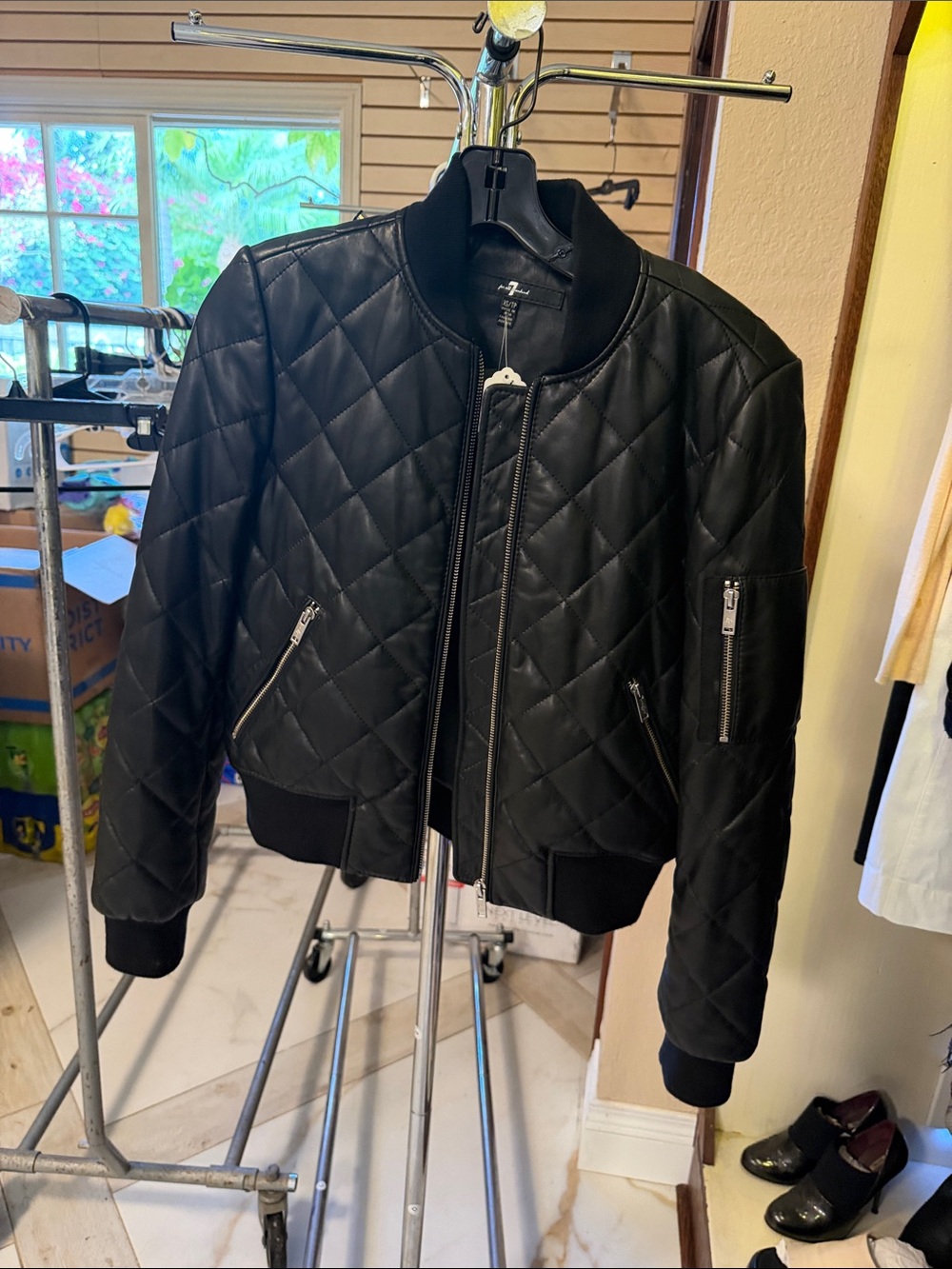 7 For All Mankind Black Quilted Bomber Jacket with Zip Details